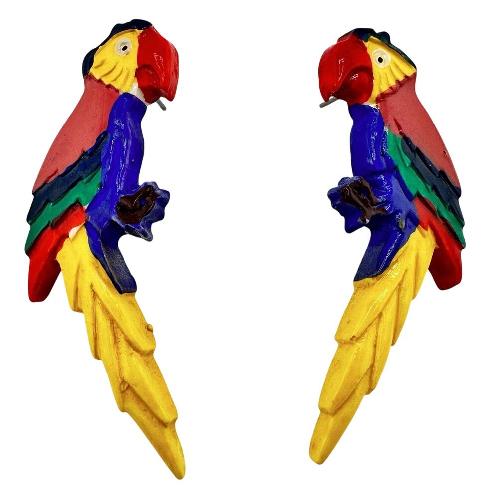 Handpainted Multicolor Parrot Tropical Bird Resin Novelty Kitsch 2” Earrings